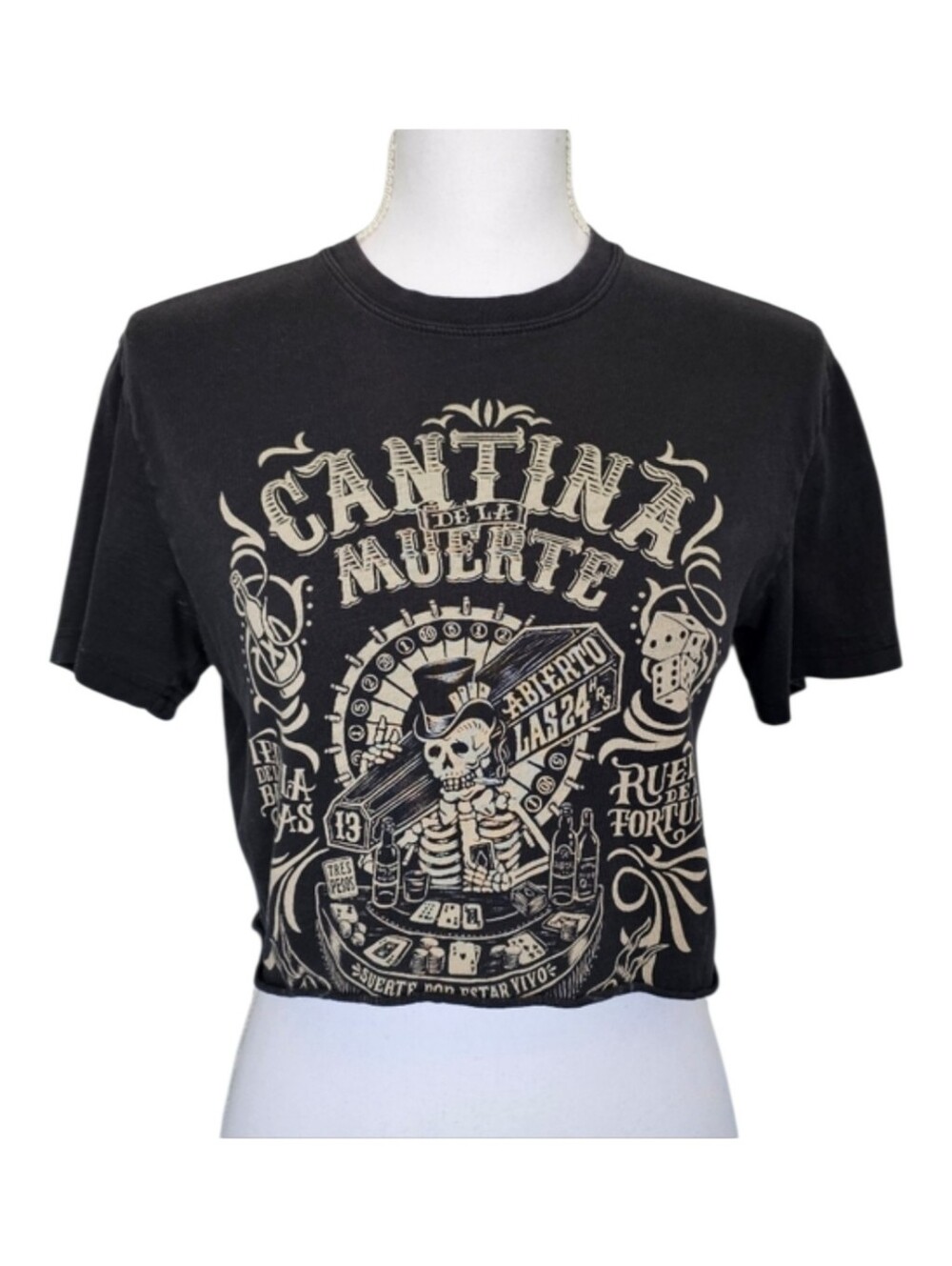 Lucky Brand Black Skeleton Cantina Muerte Crop‎ Tee Shirt Women's Size XS